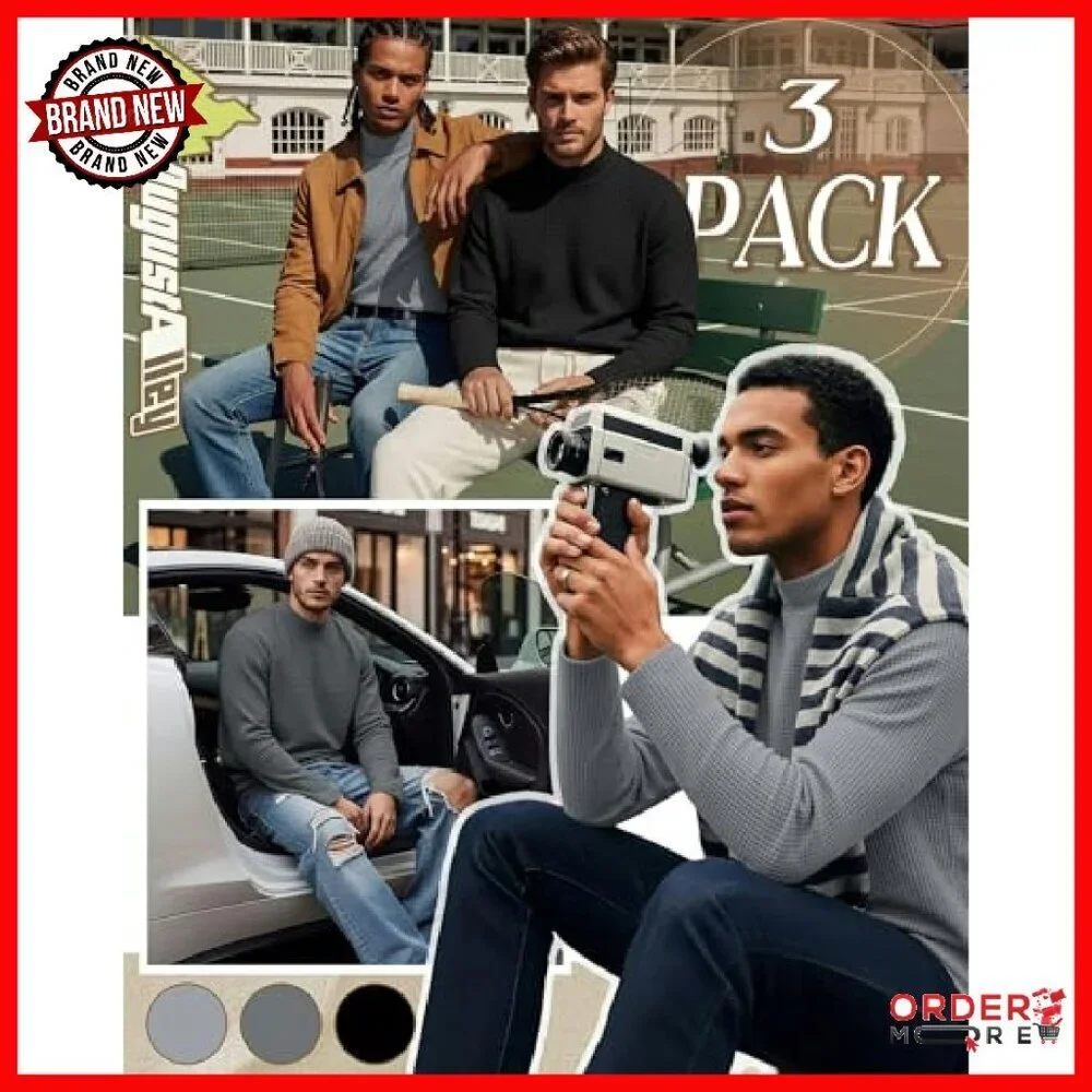 3 Pack Men's Thermal Waffle Mock Turtleneck Long Sleeve Shirts